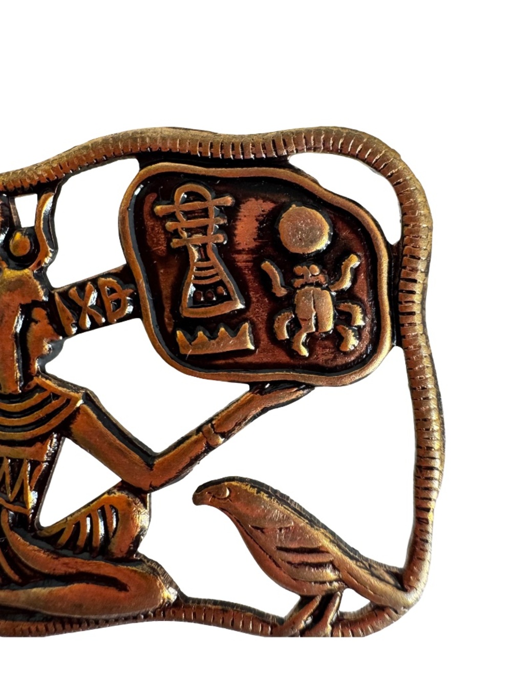 Vintage Egyptian Revival Gold Tone Brooch Hieroglyphic Deity Falcon Wall Relief - Picture 5 of 11